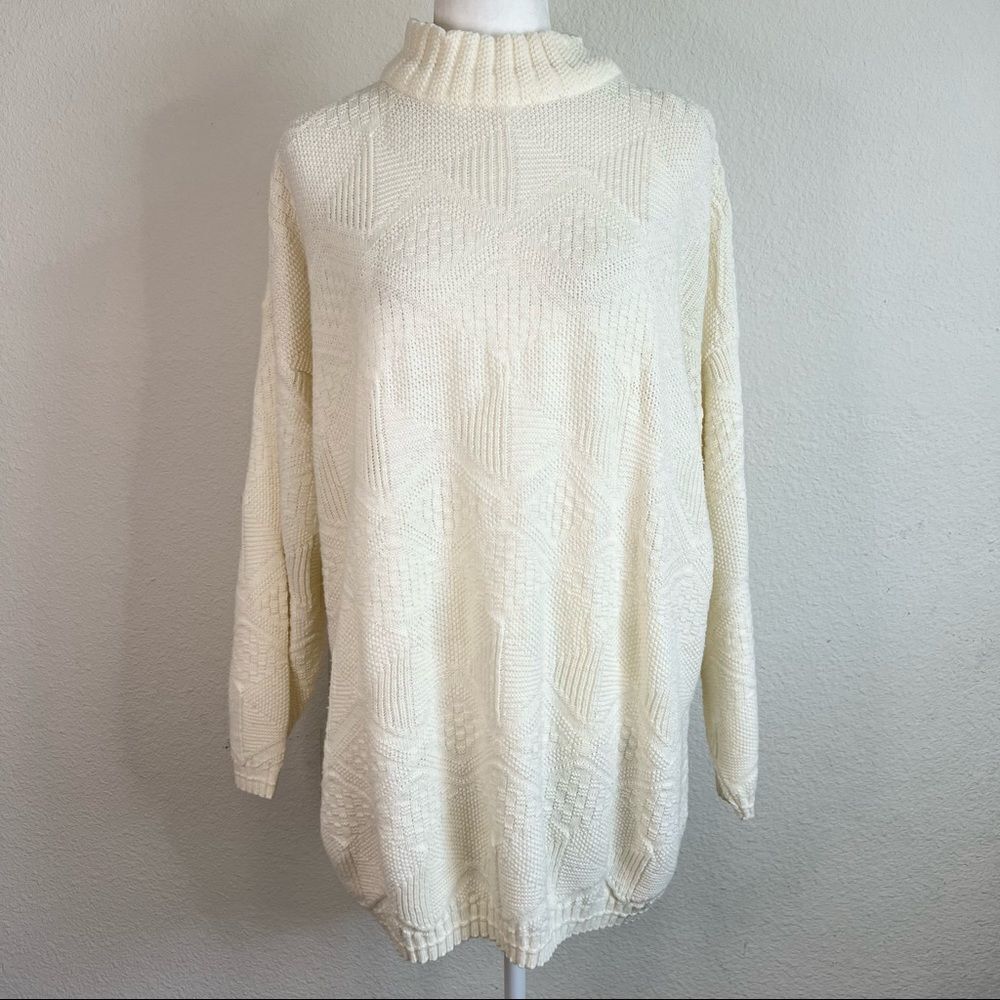 VINTAGE 80s spunky off white oversized textured diamond print high neck sweater